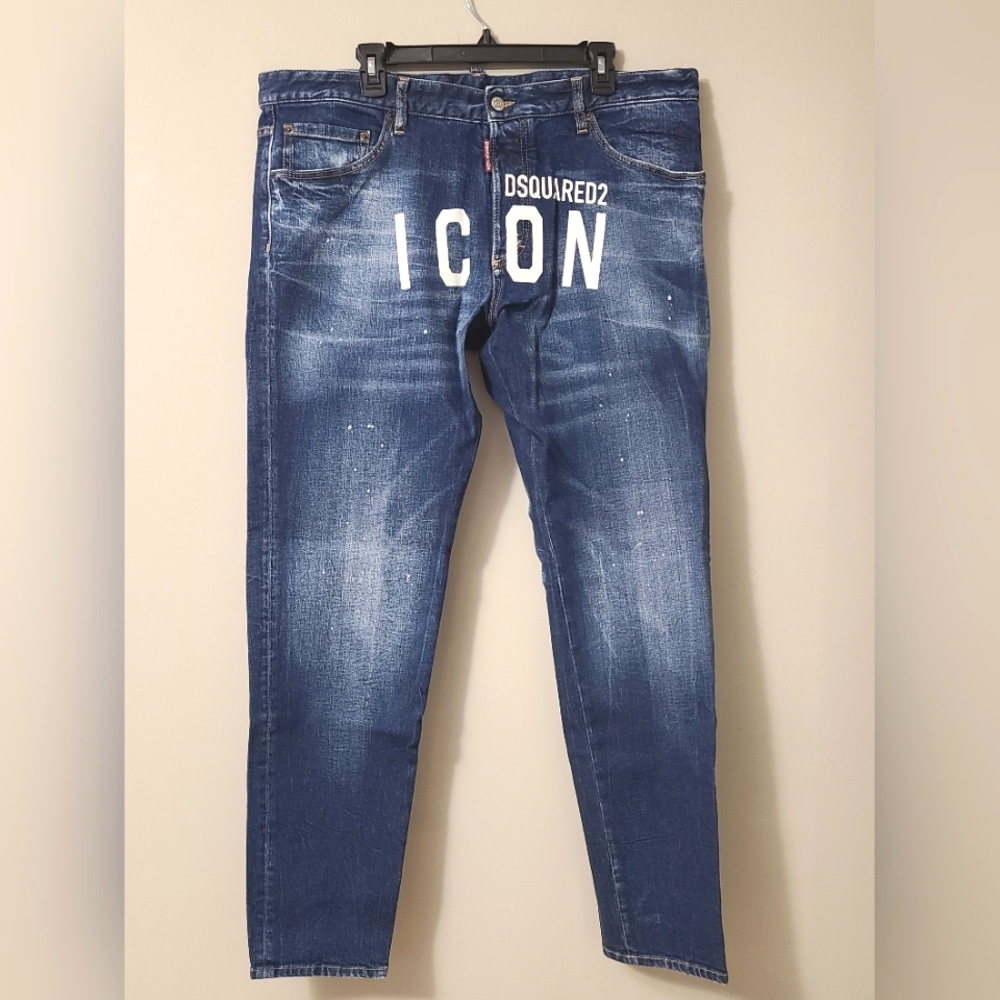 DSQUARED2 🇨🇦 Icon Print Skinny Dan Jeans - Fits 42' Waist, Blue/White
